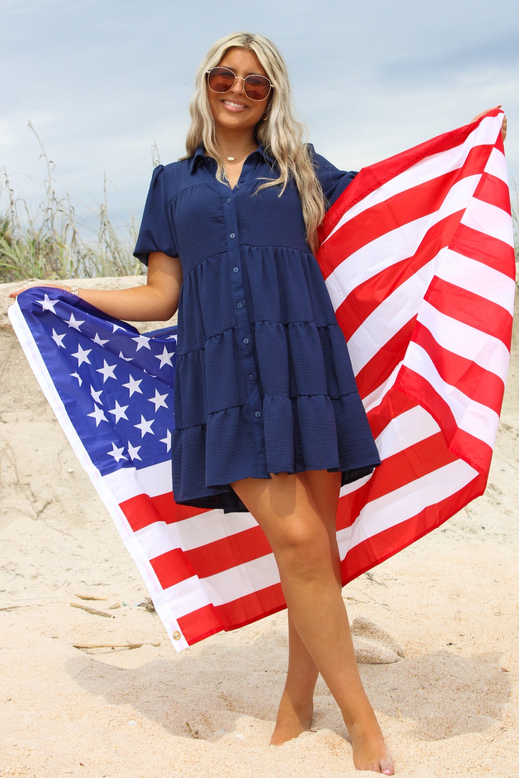 Casual Trip Bell Sleeve Tiered Dress - Navy
