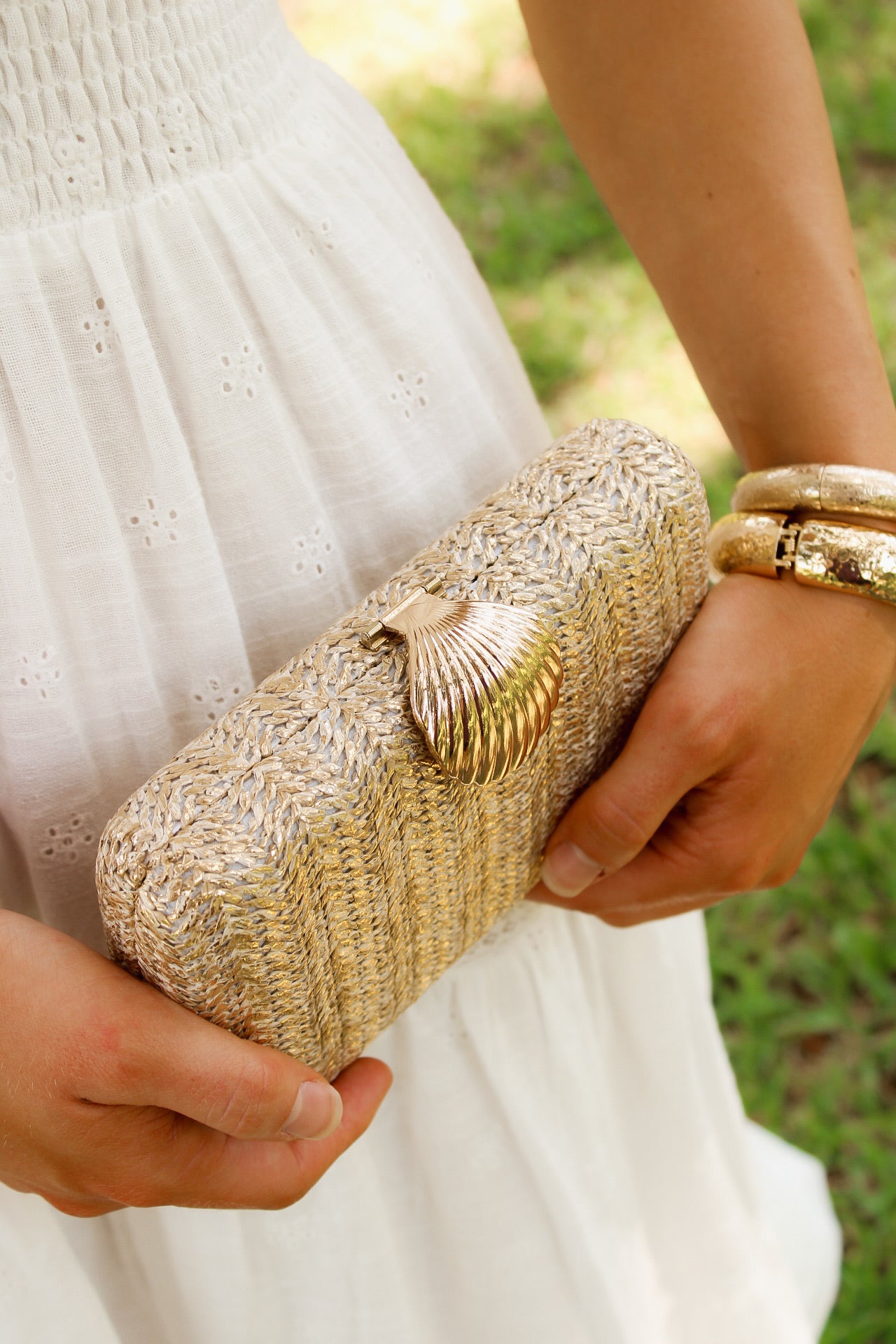 Golden Hour Shell Accent Clutch - Gold