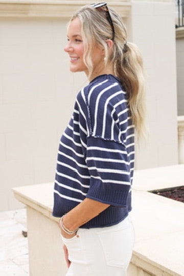 On The Go Exposed Seam Short Sleeve Sweater - Navy
