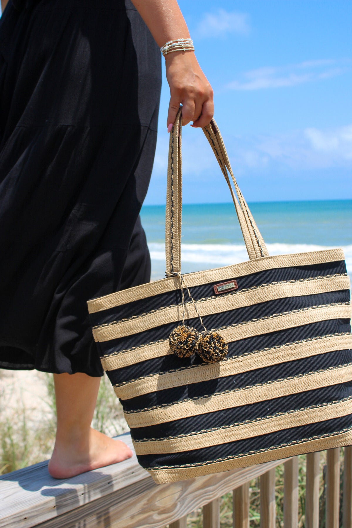 Selah Natural Straw Shoulder Tote - Black