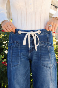 Brandy Slouchy Crop Barrel Drawstring Jeans - Dk Wash