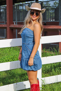 At The Game Bubble Mini Dress - Medium Wash