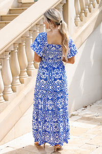 Capri Coast Puff Sleeve Smocked Maxi Dress - Blue