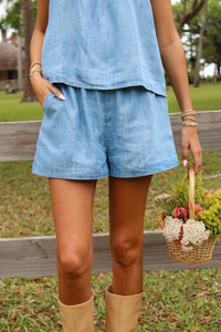 Soft Tide Elastic Waist Shorts - Denim Wash