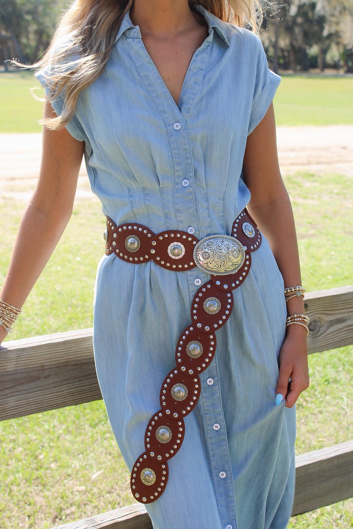 Floral Buckle Western Disk Belt -  Dark Cognac