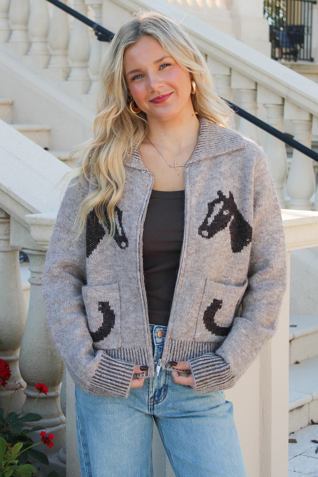 Untamed Spirit Embroidered  Sweater - Lt Brown