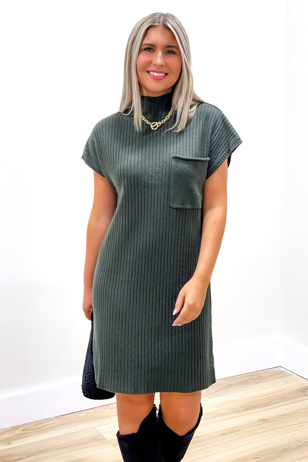 Casual Comforts Mock Neck Sweater Dress - Olive | Makk Fashions