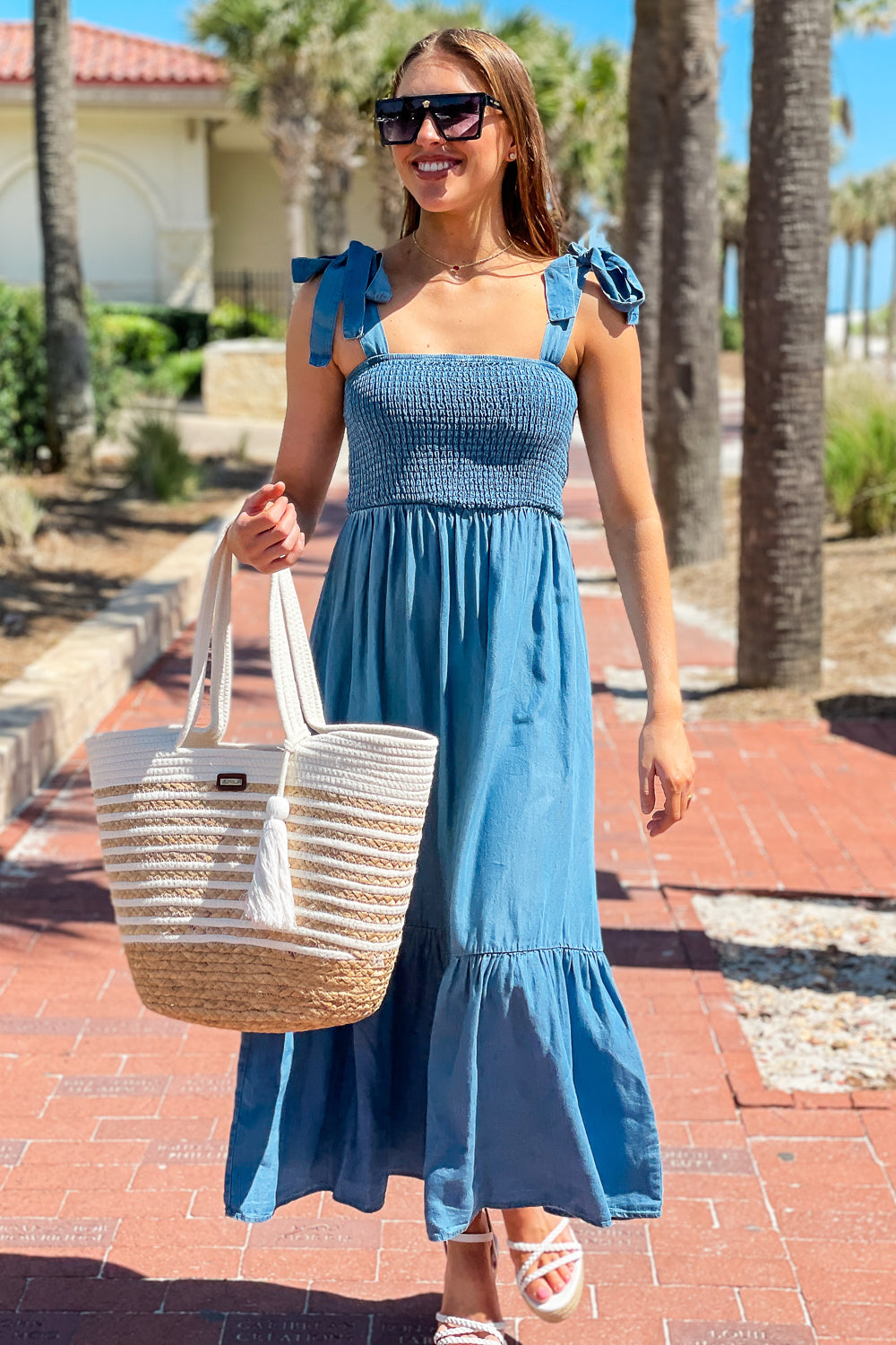 Casually Chic Chambray Smocked Midi Dress - Blue | Makk Fashions