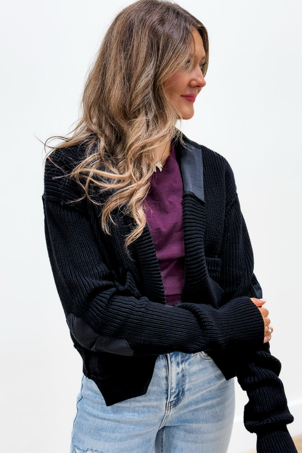 Casually Trendy Elbow Patch Cardigan - Black | Makk Fashions