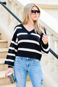 Choose Your Path Striped Cropped Sweater - Black/Oatmeal | Makk Fashions