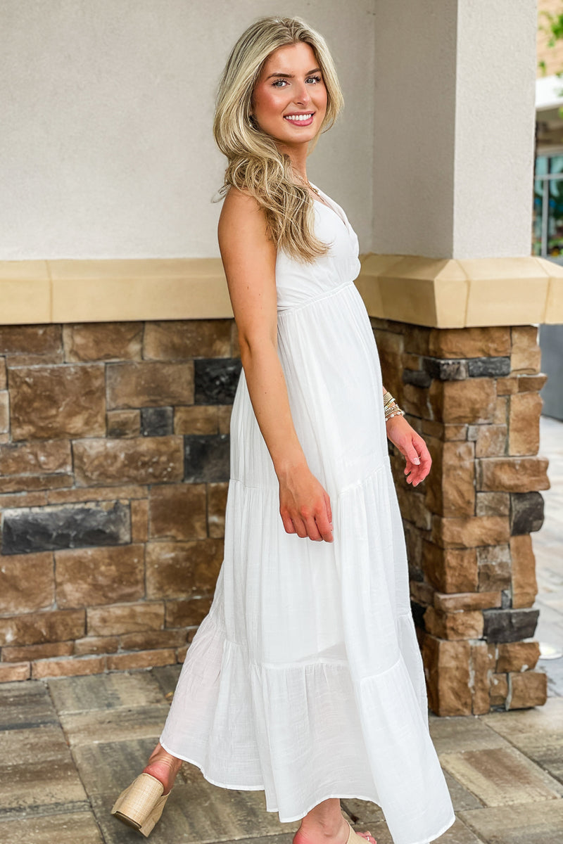 Classic Summers Strappy Tiered Maxi Dress - White | Makk Fashions