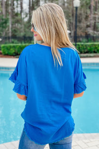 Colorful Springs Ruffle Sleeve Linen Top - Azure | Makk Fashions