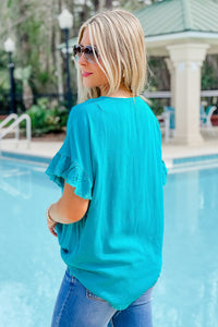 Colorful Springs Ruffle Sleeve Linen Top - Jade Green | Makk Fashions