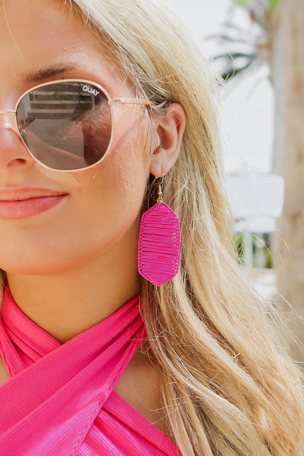 Colorful Summers Raffia Wrapped Earrings - Fuchsia | Makk Fashions