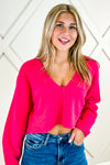 Cooler Evenings V-Neck Cropped Sweater - Hot Pink | Makk Fashions
