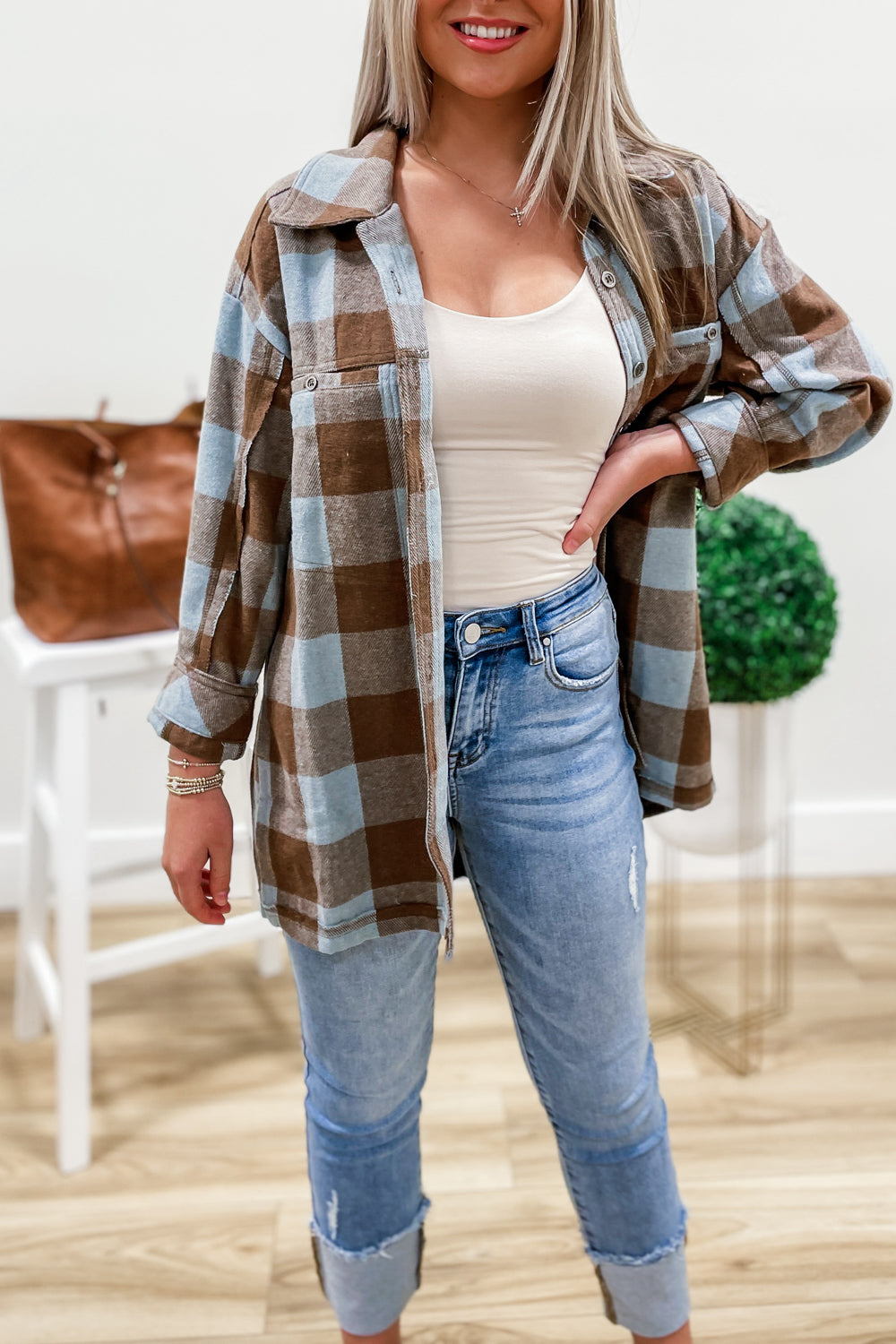 Cozy Fireside Checker Print Shacket - Ice Coffee | Makk Fashions