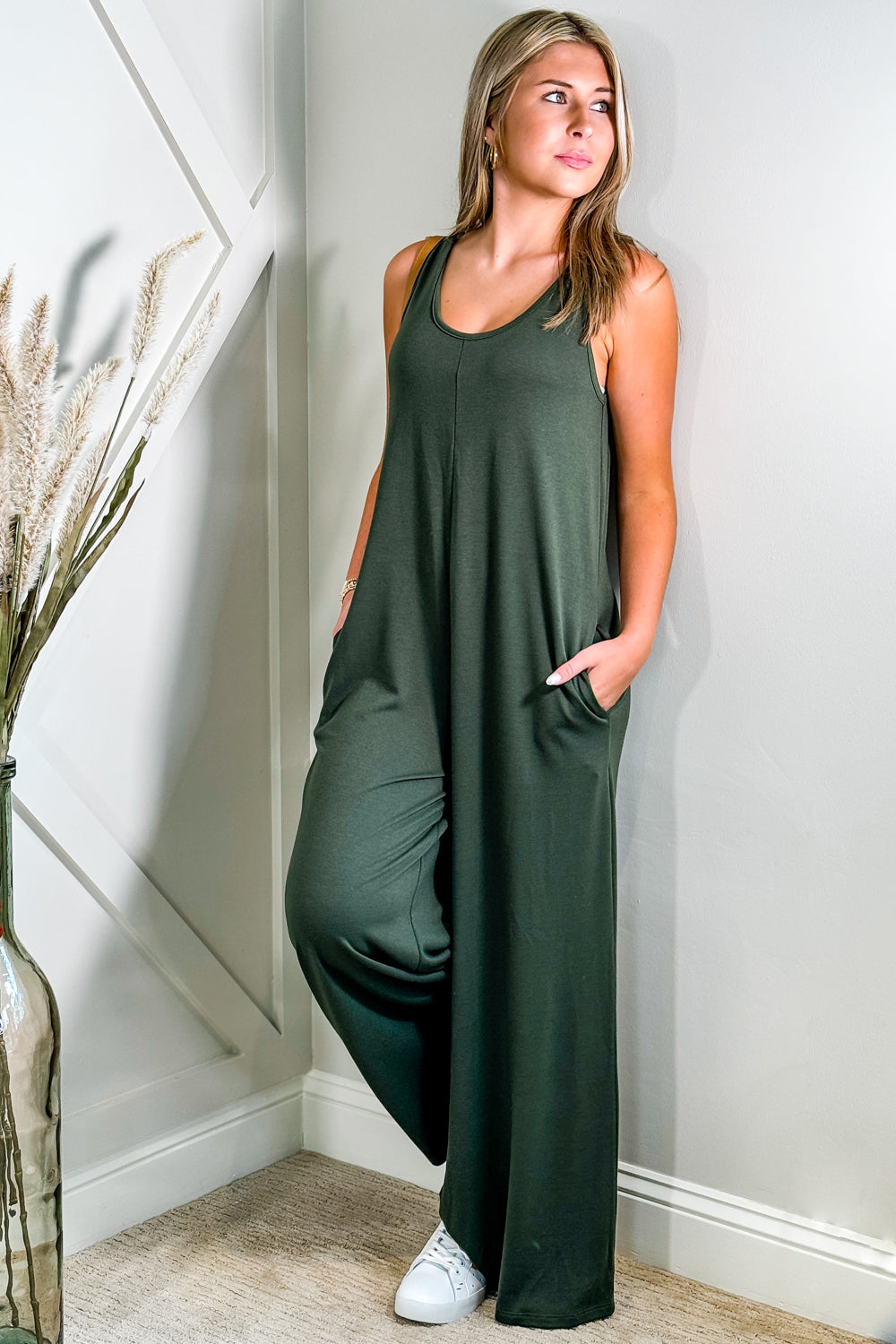 Cute Days Ahead French Terry Jumpsuit - Olive | Makk Fashions