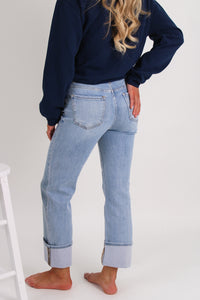 Amanda High Rise Ankle Straight Wide Cuff Jeans - Light Wash