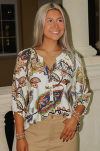 Abstract Allure Split Neck Top - Cream Multi