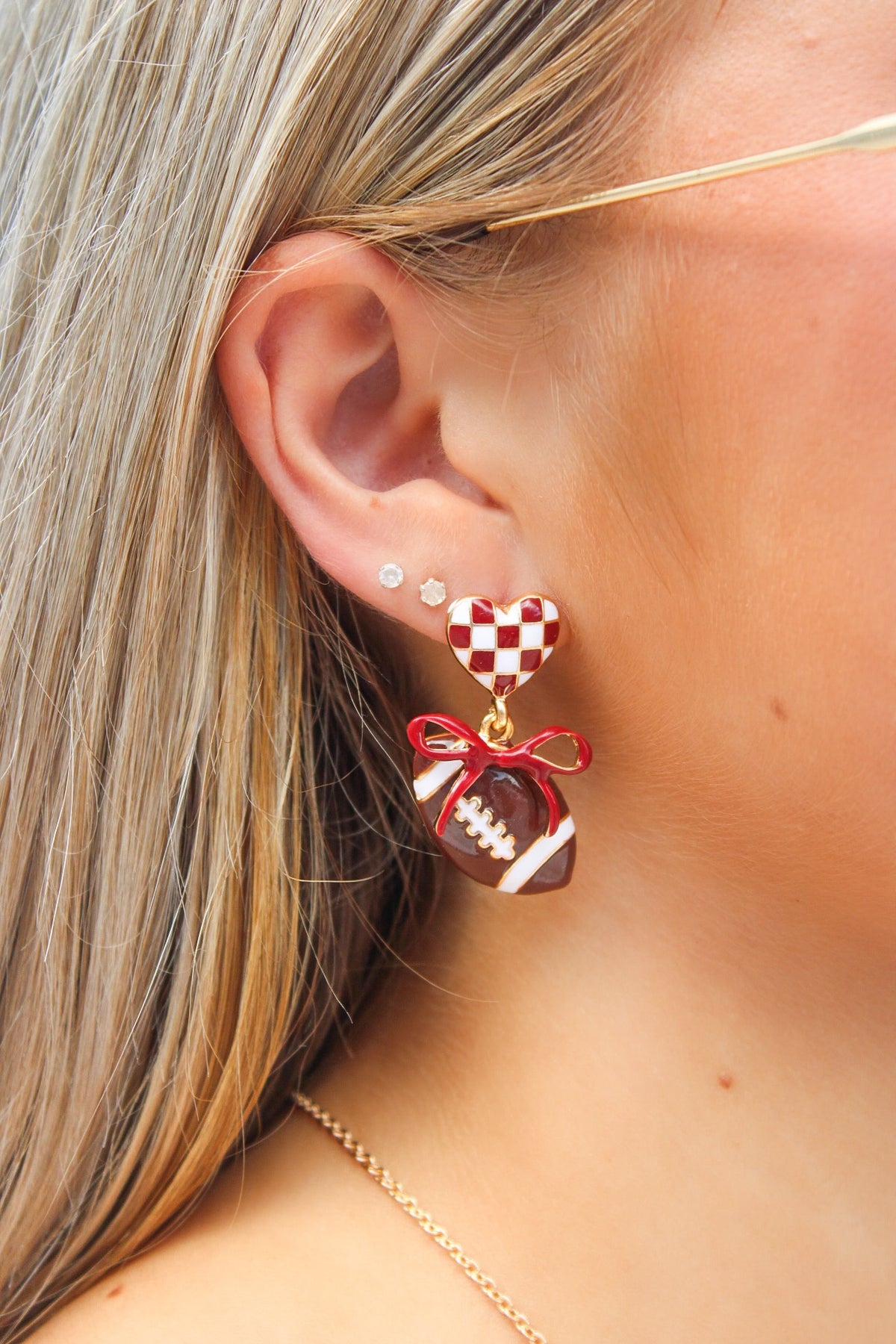 Gameday Heart & Bow Football Earrings - Red