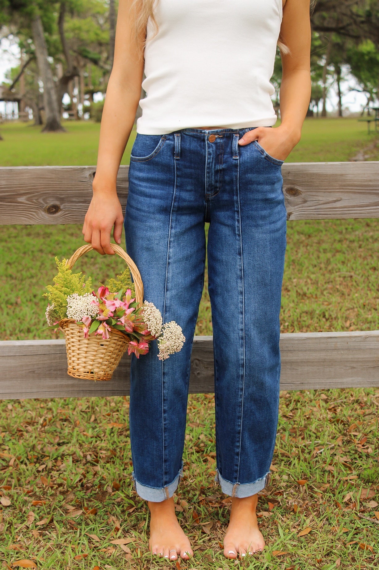 Rachael High Rise Barrel Cuff Jeans - Dark Wash