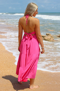 Summer Strolls Halter Neck Tie Midi Dress - Hot Pink