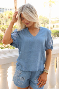 Meadow Mist Embroidered Top - Denim