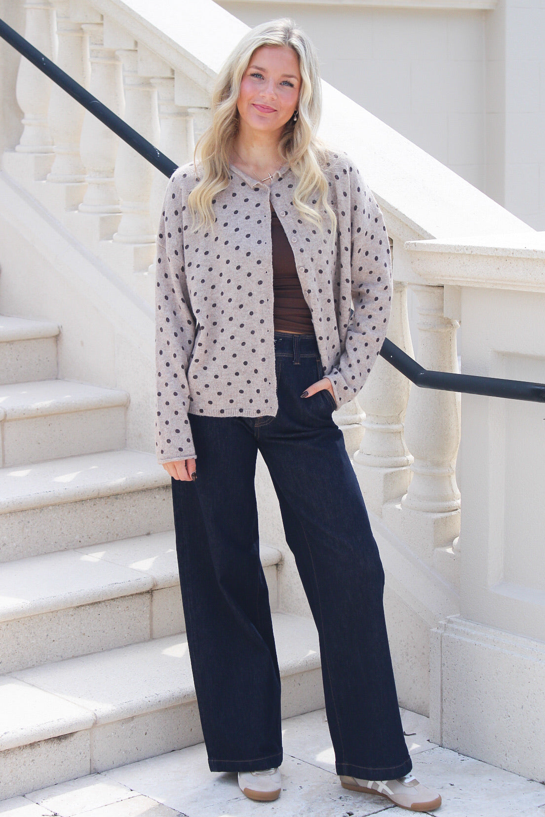The Social Scene Polka Dot Cardigan - Lt Mocha