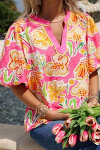 Sunset Bloom Bubble Sleeve Top - Pink