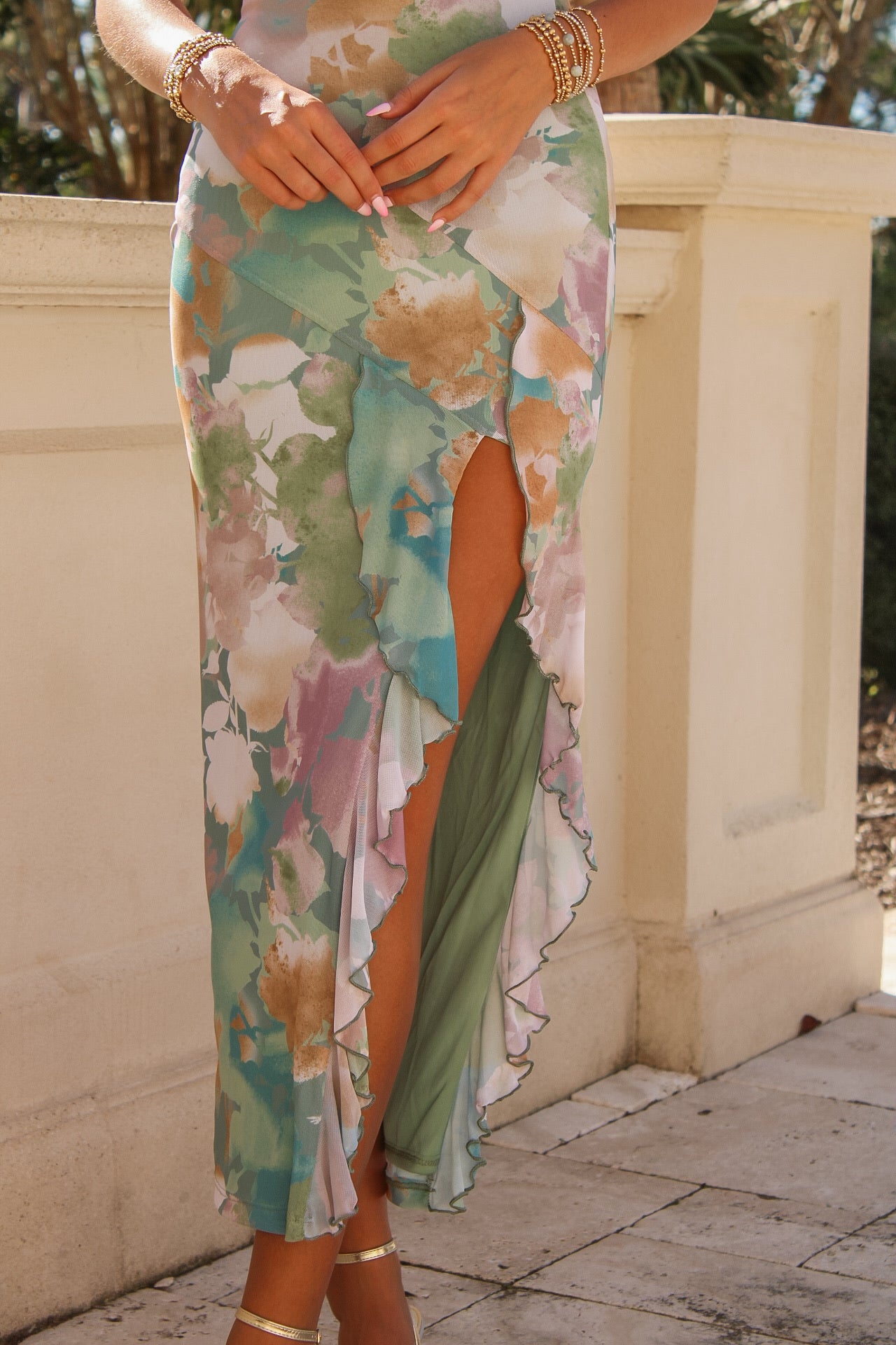 Elegant Evenings Strapless Maxi Dress - Sage Multi