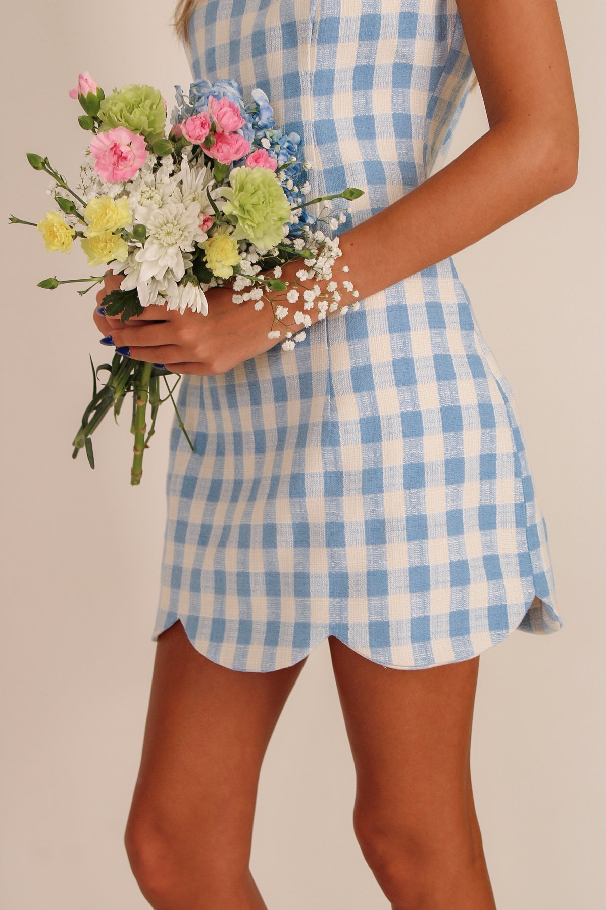 The Tea Party Plaid Scallop Hem Dress - Lt. Blue