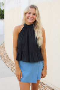 Game On Halter Neck Peplum Top - Black