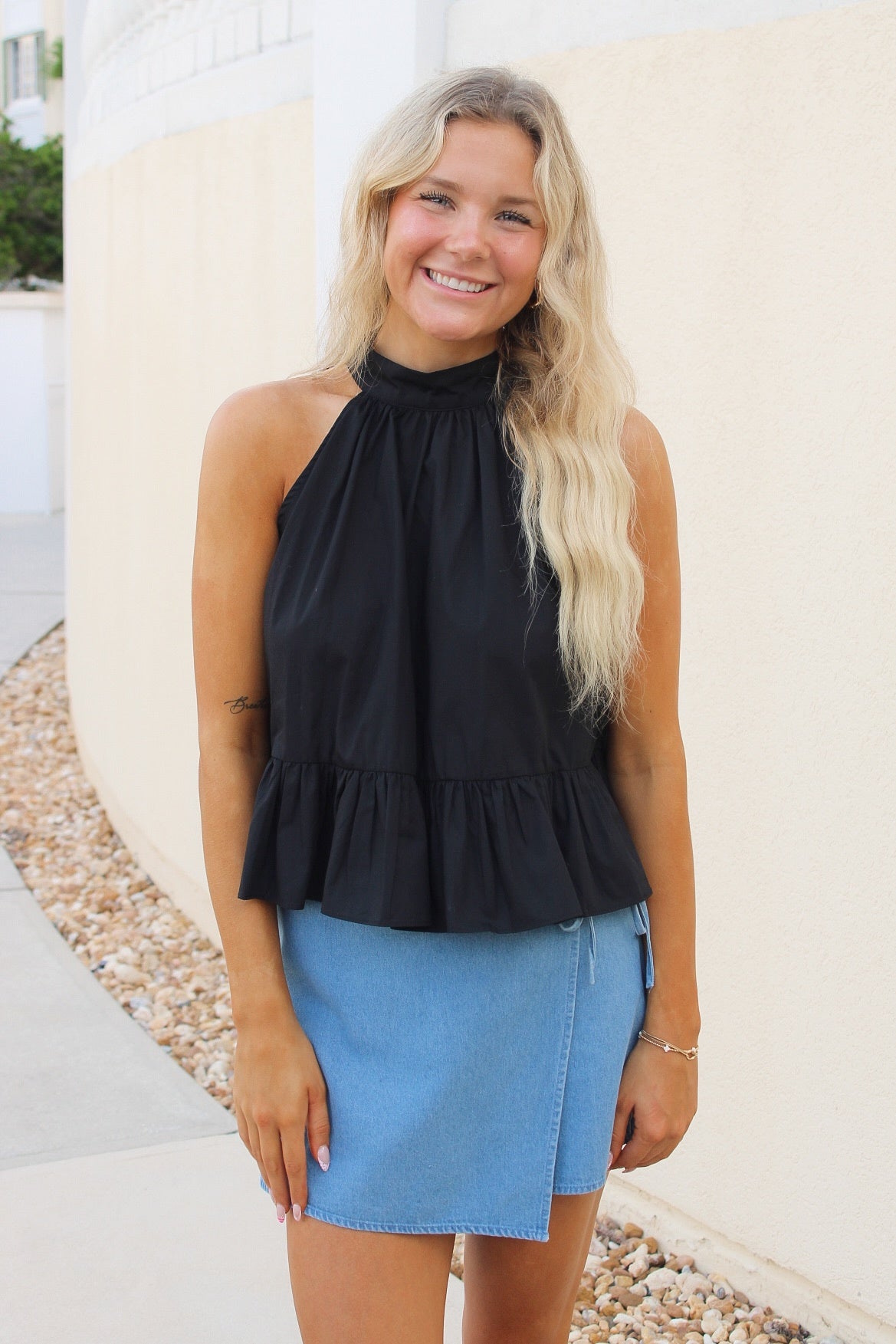 Game On Halter Neck Peplum Top - Black