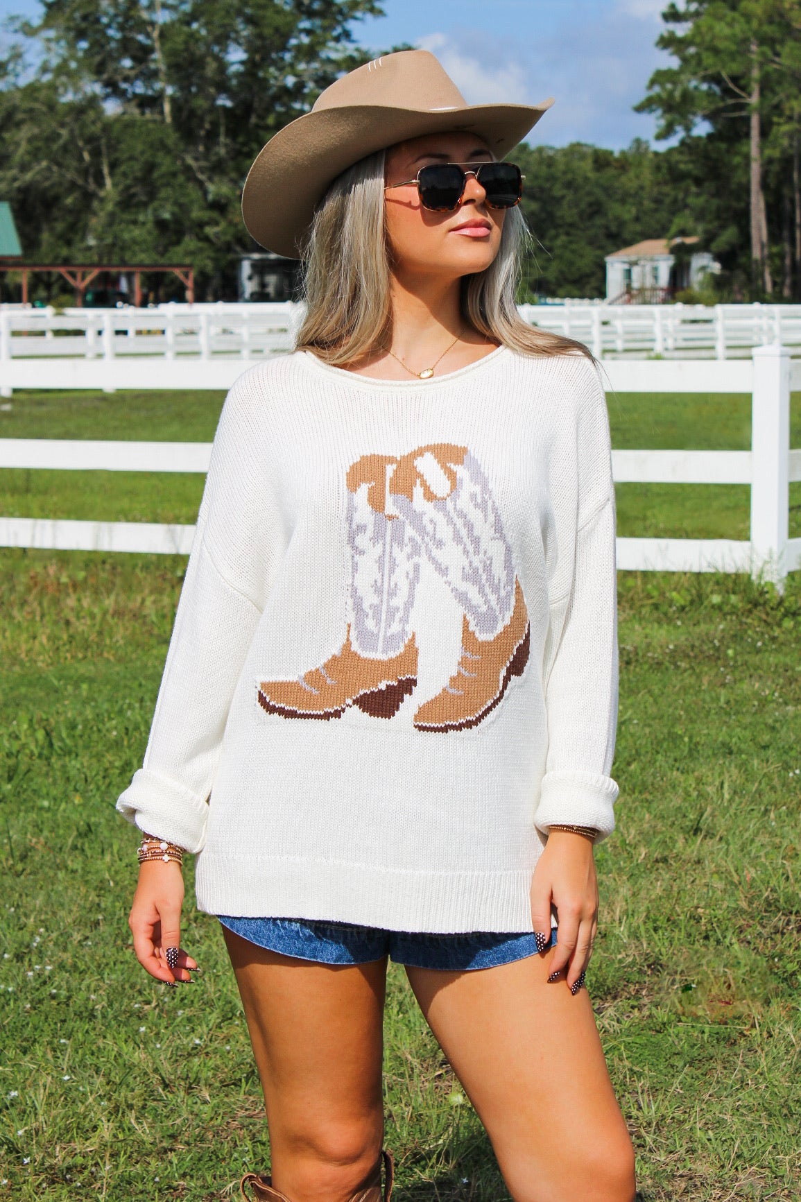 Rodeo Ready Western Boot Sweater - Ivory