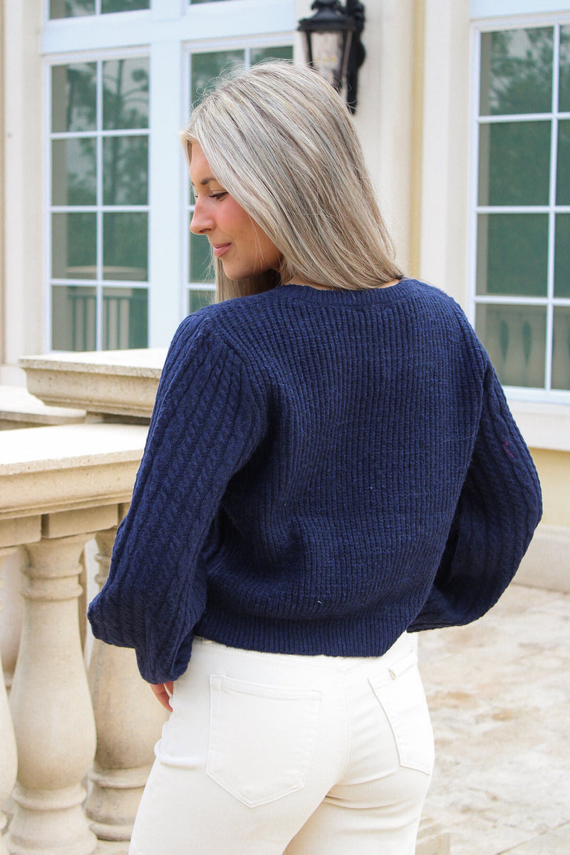 Enchanted Bow Cable Knit Sweater - Navy
