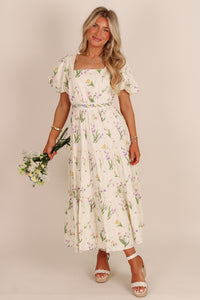 Dreaming Of Spring Floral Puff Sleeve Midi Dress - Cream