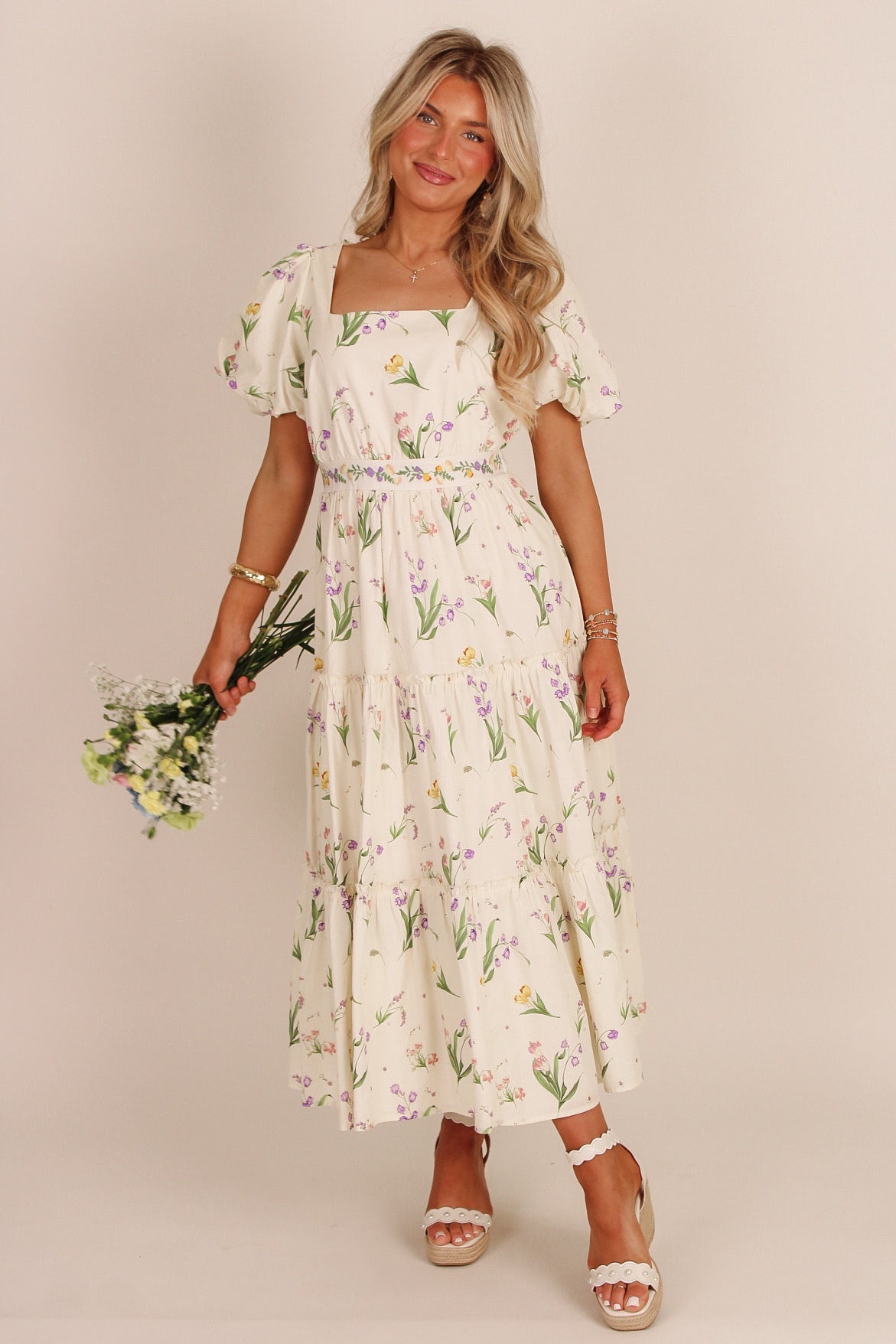 Dreaming Of Spring Floral Puff Sleeve Midi Dress - Cream