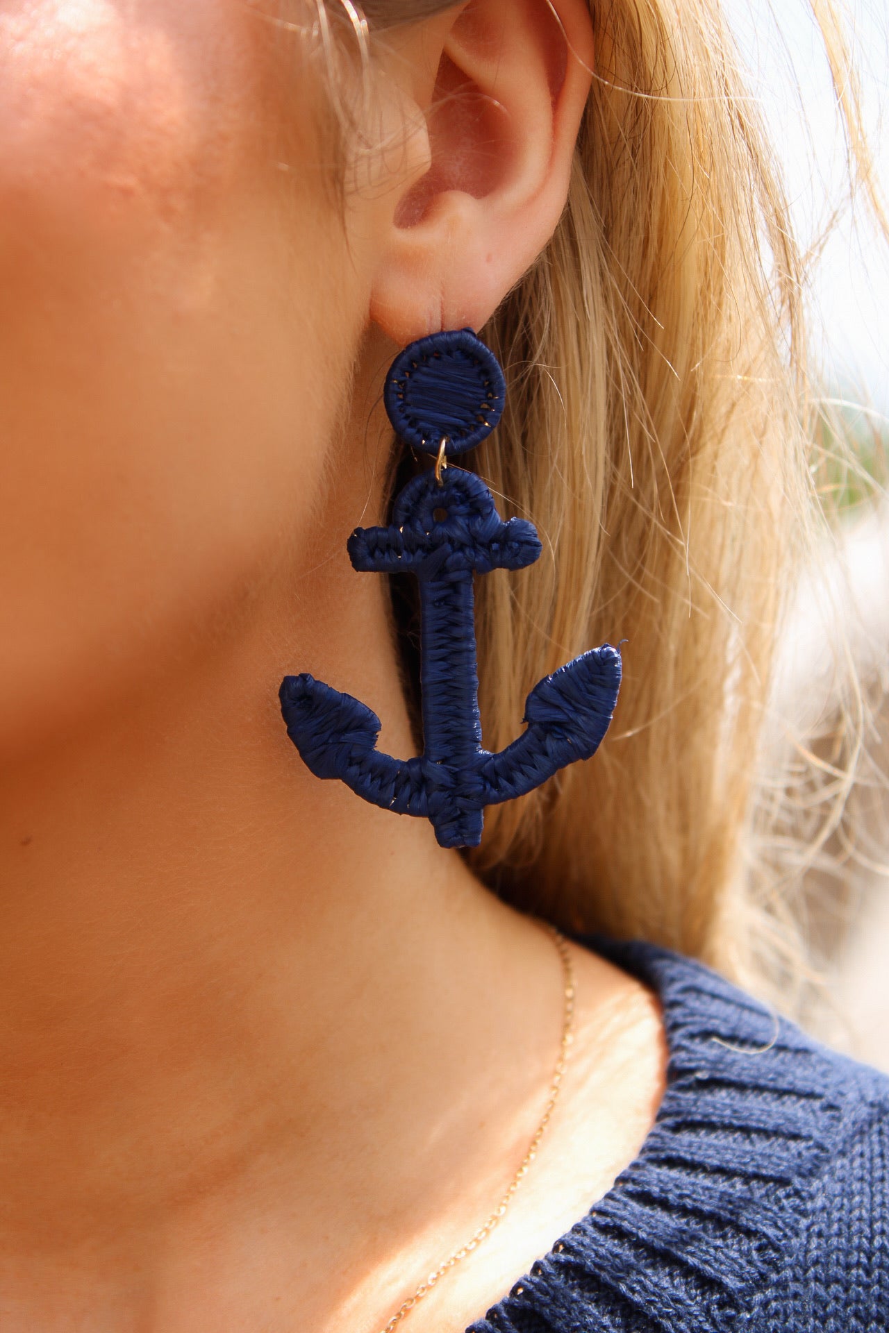 Anchors Away Raffia Earrings - Navy