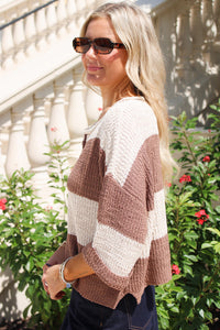 Cozy Dreams Striped Cropped Sweater - Oatmeal/Cocoa