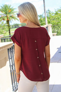 Positive Feelings Split Neck Button Top - Burgundy