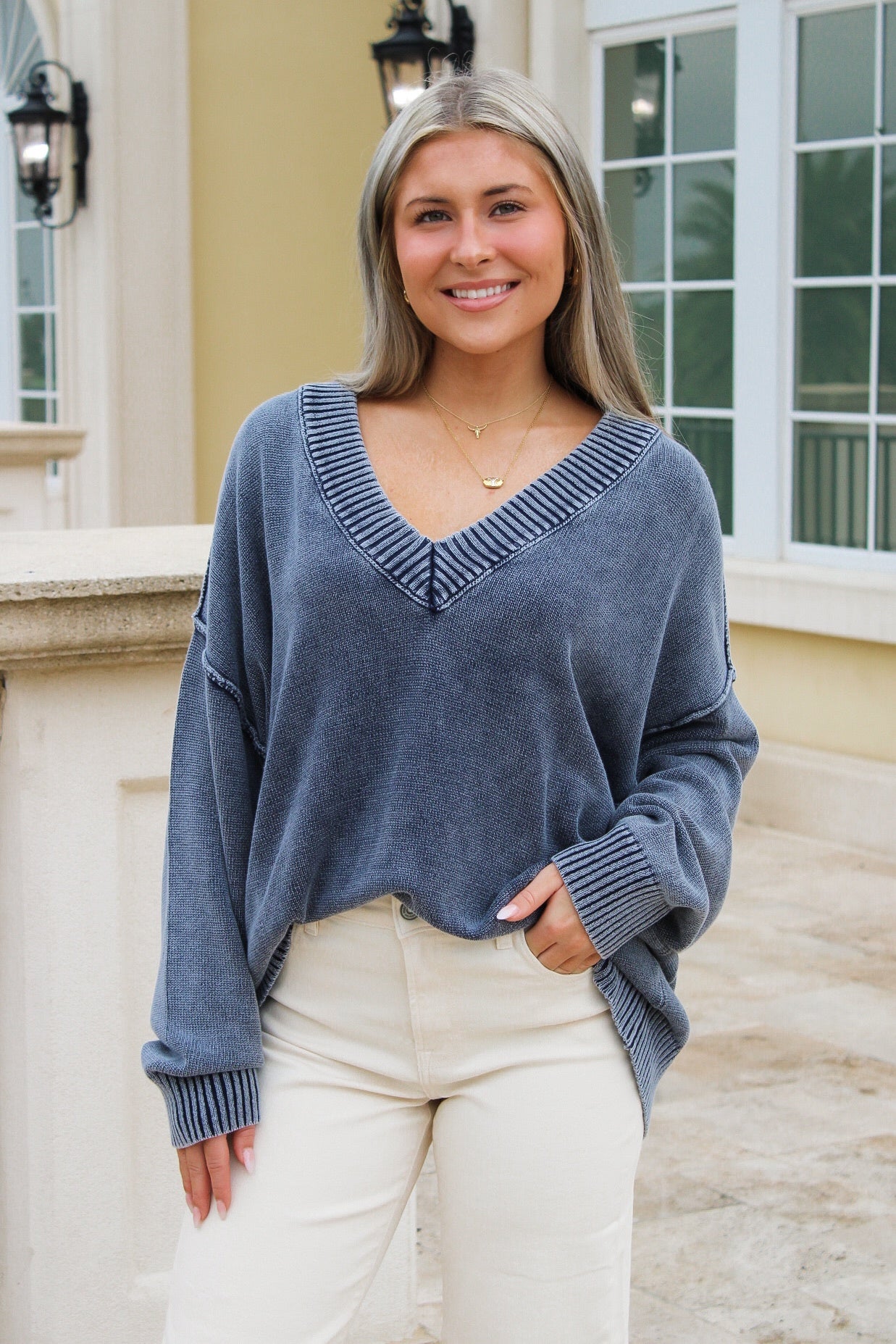 Dreamy Layers V-Neck Oversized Sweater - Navy – Makk Fashions