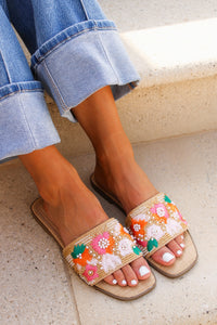 Seaside Petal Raffia Slide Sandal - Multi