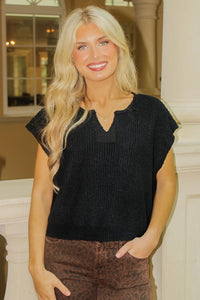 Everyday Edge Notched V-Neck Sweater - Black