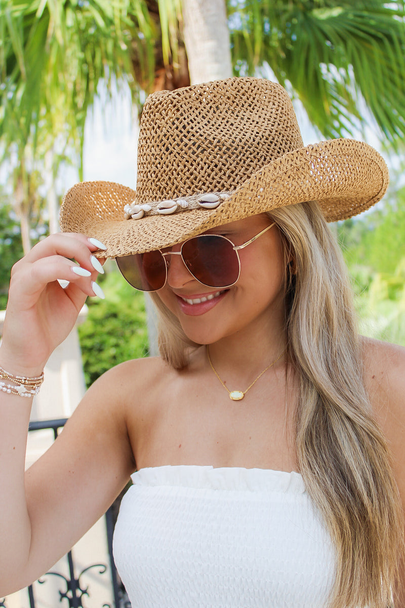 Coastal Beach Babe Cowrie Shell Hat - Khaki