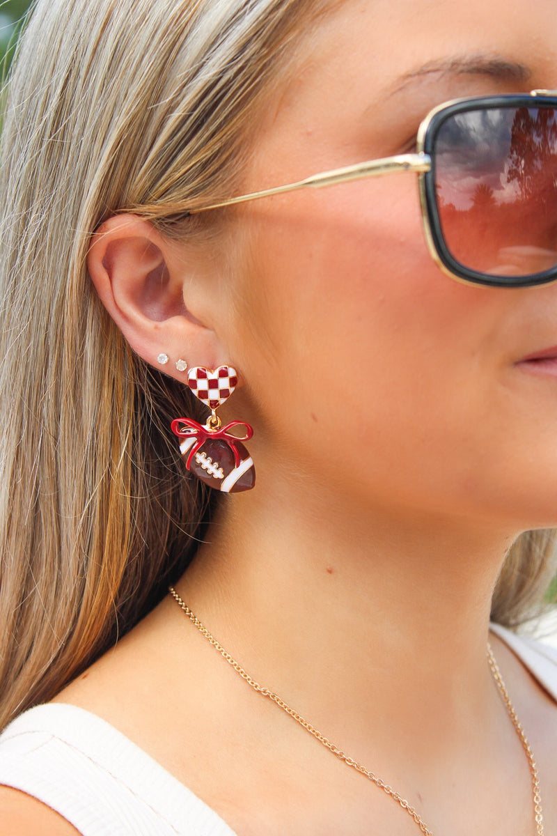 Gameday Heart & Bow Football Earrings - Red