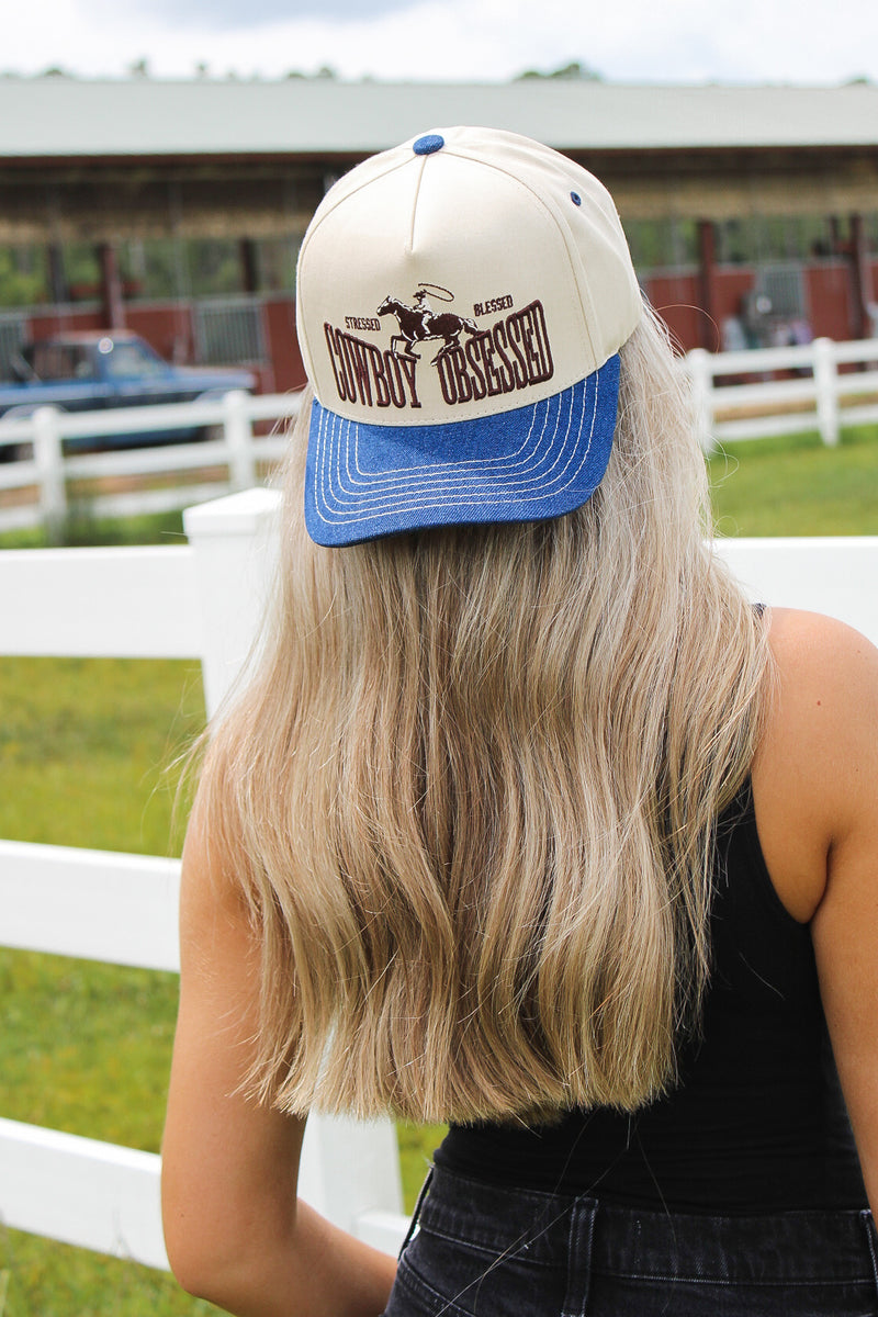 Cowboy Obsessed Embroidered Trucker Hat - Demin