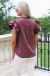 Cheer With Me Flutter Sleeve Top -  Wine