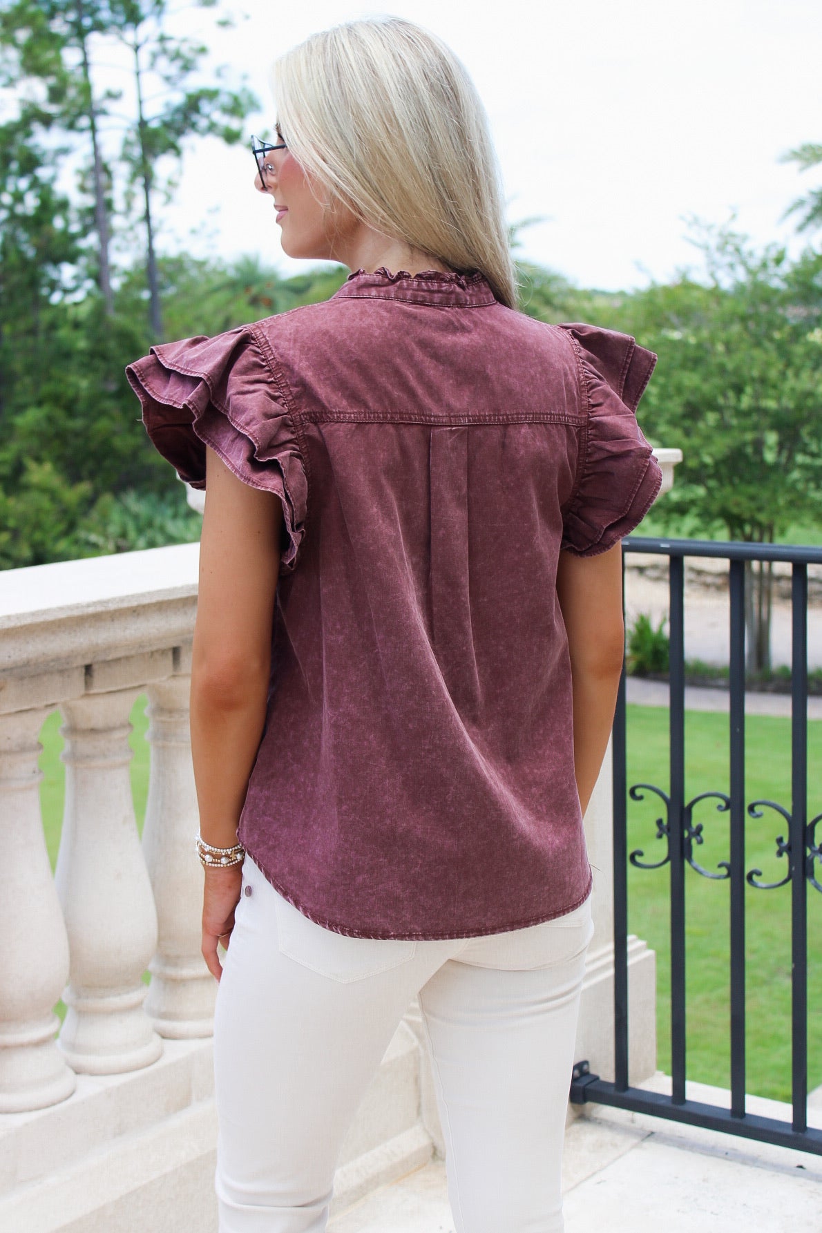 Cheer With Me Flutter Sleeve Top -  Wine