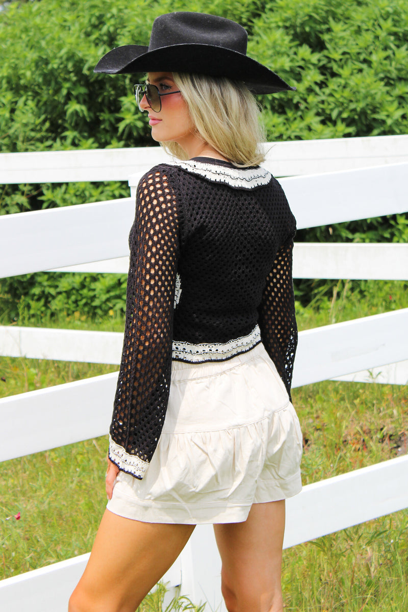 Boho Babe Crochet Tie Top - Black/Cream