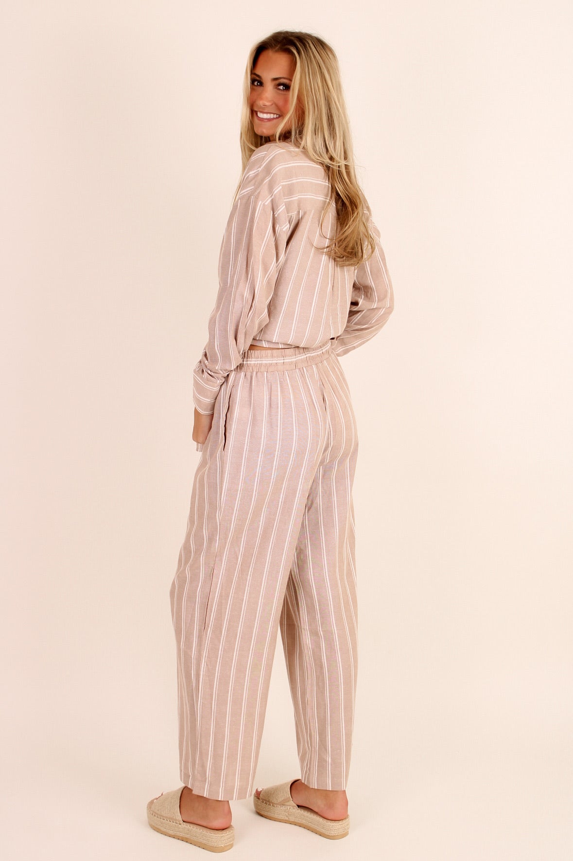 Understated Edge Striped Pants - Almond